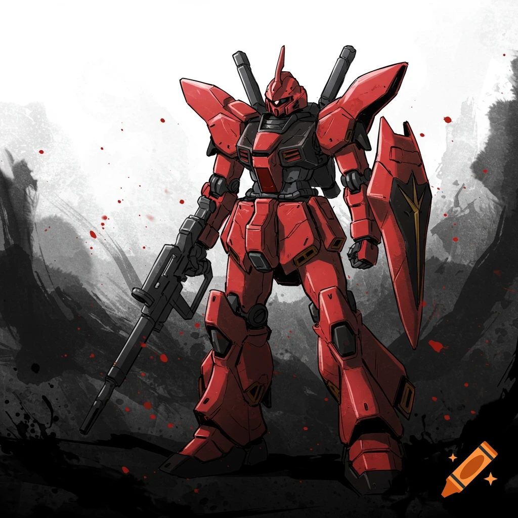 A red and black Gundam Sazabi robot with a rifle and shield stands against a stylized ink wash background.