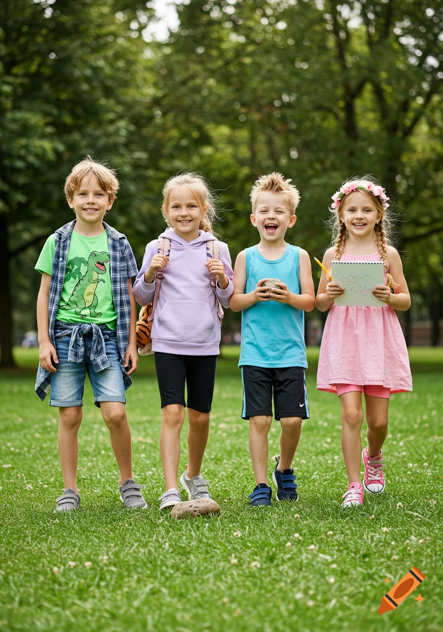 Four smiling children playing in a grassy park with trees in the background.