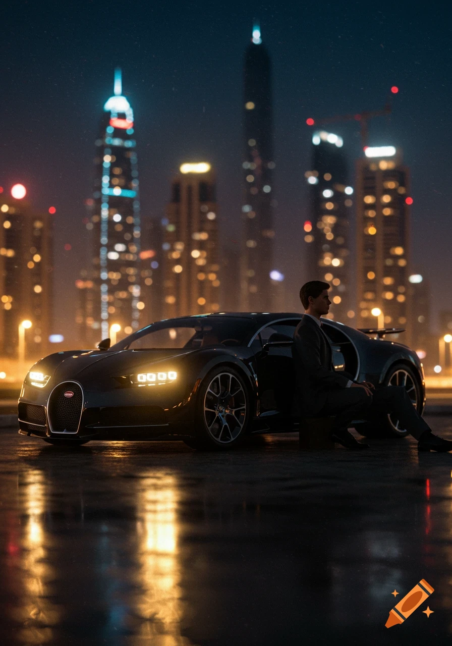 A man sitting by a black Bugatti Chiron at night, with a blurry city skyline in the background, reflections on the wet ground.