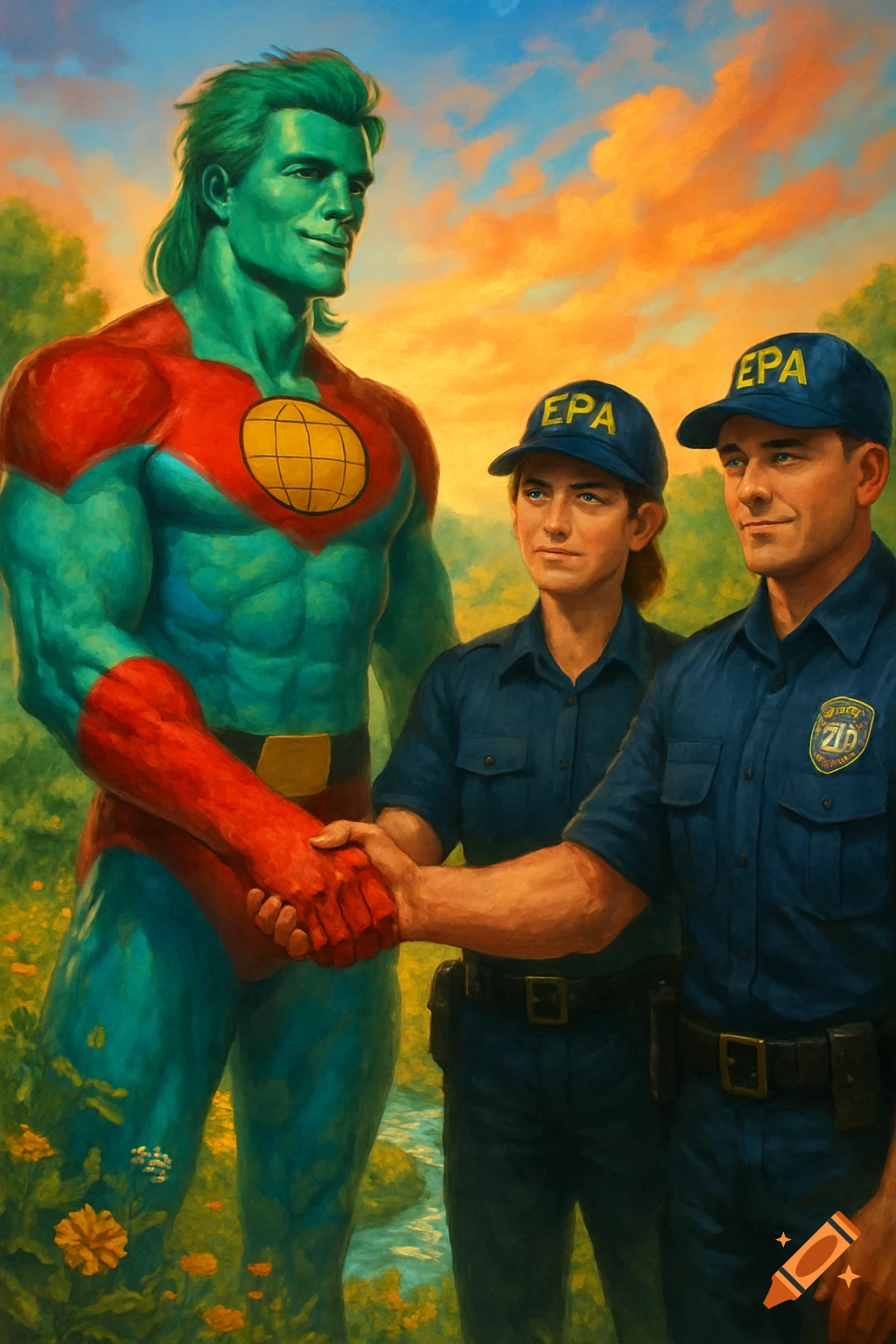 Captain Planet, a muscular green-skinned man, shakes hands with a person in a blue EPA uniform, standing next to another EPA officer in a field at sunset, painted in a realistic style.