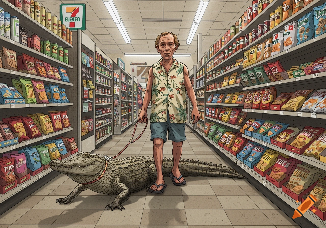 A stylized illustration of a man in a Hawaiian shirt and shorts walking an alligator on a leash down an aisle in a 7-Eleven store filled with snacks.