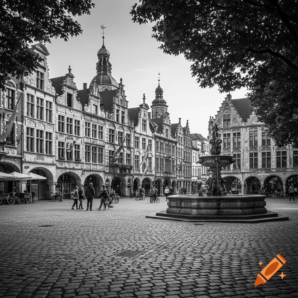 A black and white photorealistic image of a historic European town square with ornate buildings and a large fountain.