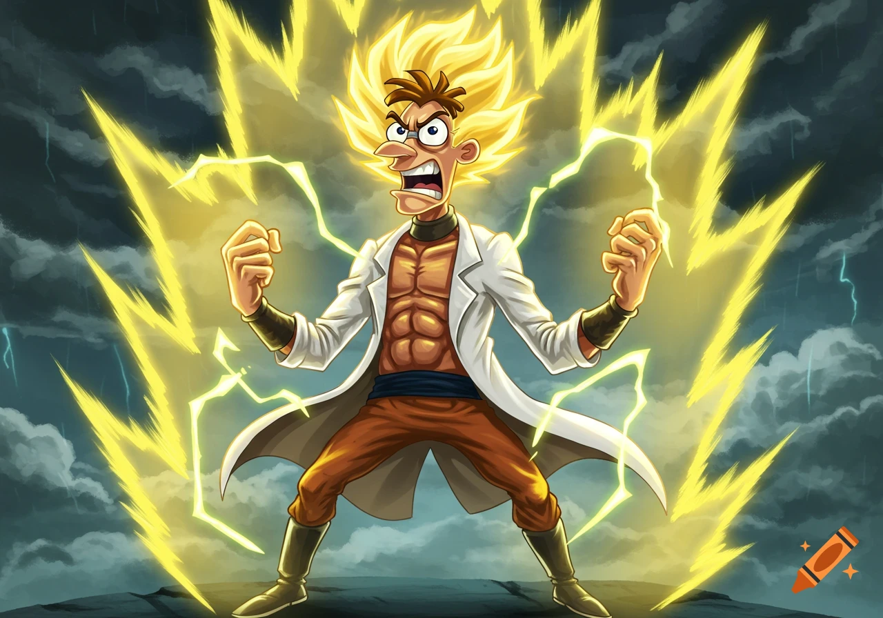 Buff Dr. Doofenshmirtz from Phineas and Ferb as a Super Saiyan, with spiky blonde hair and yellow lightning aura, against a stormy sky.