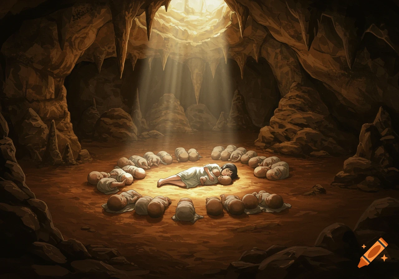 A woman sleeps in a cave, cuddling an infant, surrounded by other infants in a circle under a beam of light.