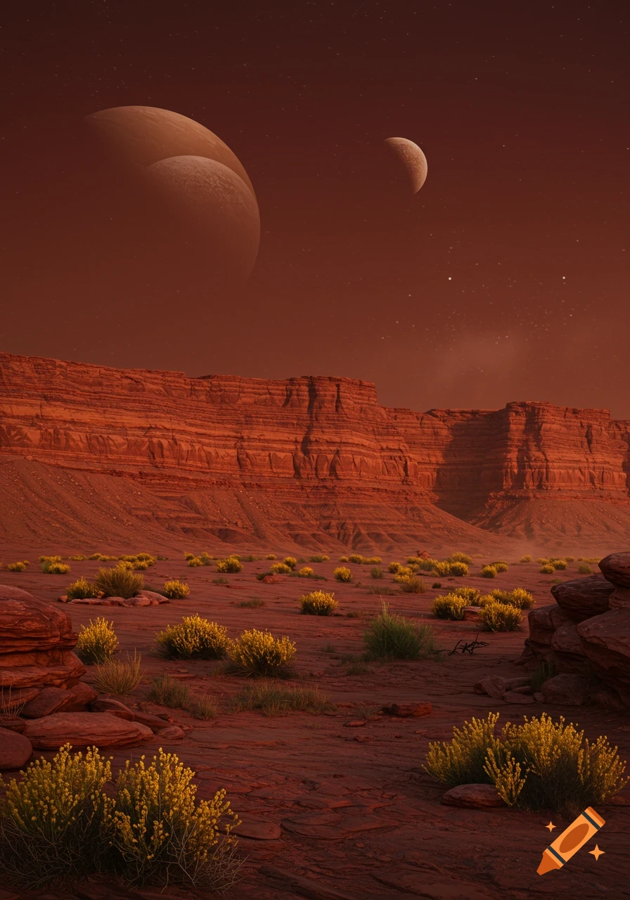 A dry red rock canyon landscape with scattered yellow bushes under an auburn sky with two moons and stars.