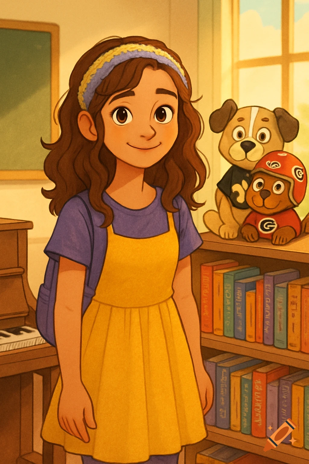 A cartoon illustration of a young girl with brown hair and a yellow dress, wearing a purple shirt and backpack, standing next to a bookshelf filled with books and two plush dog toys wearing sports jerseys. A piano is visible to her left.
