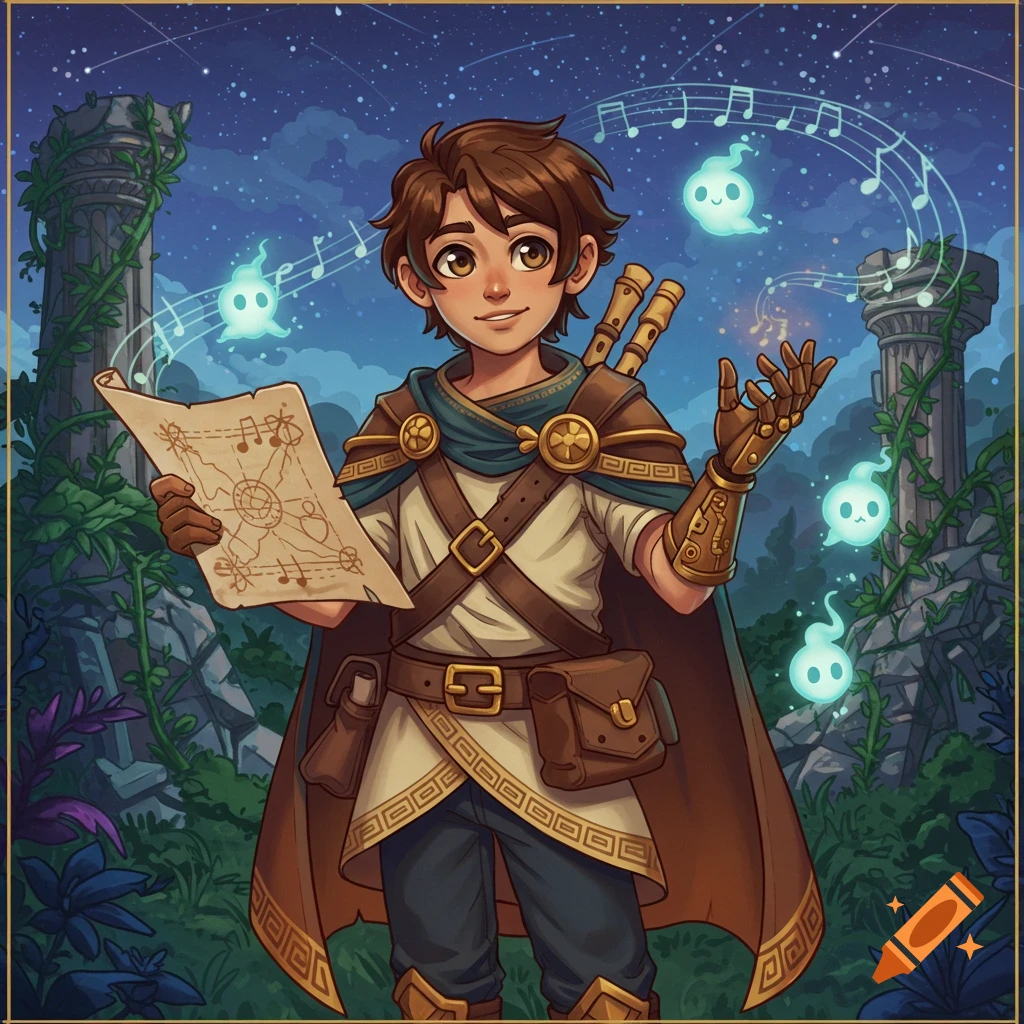 A cartoon boy in fantasy attire holding a map, with glowing ghosts and musical notes around him, standing amidst ancient ruins at night.