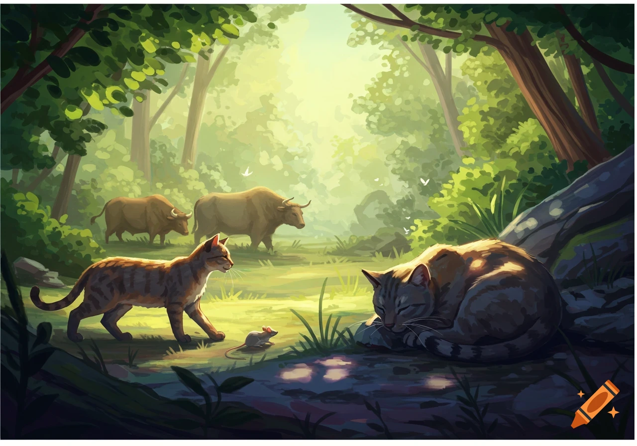 Illustrative scene of a tabby cat walking towards a mouse, another cat sleeping, and two buffalo grazing in a sunlit forest.