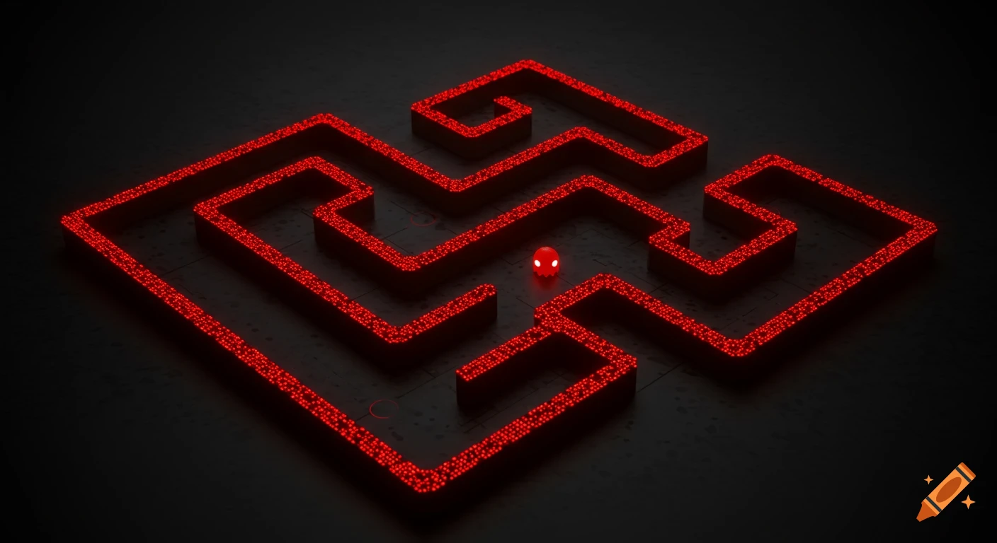 A red glowing maze with a small red ghost-like character at its center, against a dark, textured background.