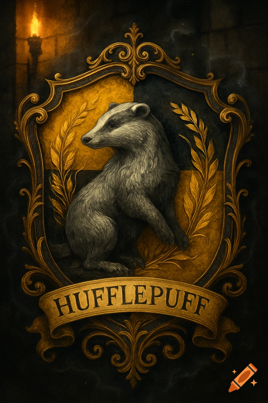 A stylized gold and black emblem featuring a badger, with the word 'HUFFLEPUFF' on a banner below.