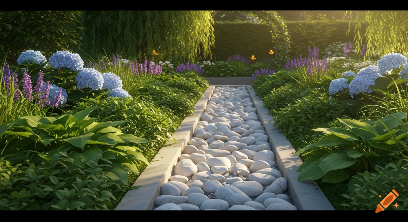 A serene garden path made of white pebbles, bordered by lush green plants, blue hydrangeas, and purple lavender, under soft sunlight.