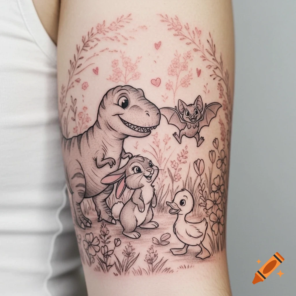 A black and grey outline cartoon tattoo on an arm, featuring a dinosaur, bunny, bat, and duckling among flowers and vines in a Disney-inspired style.