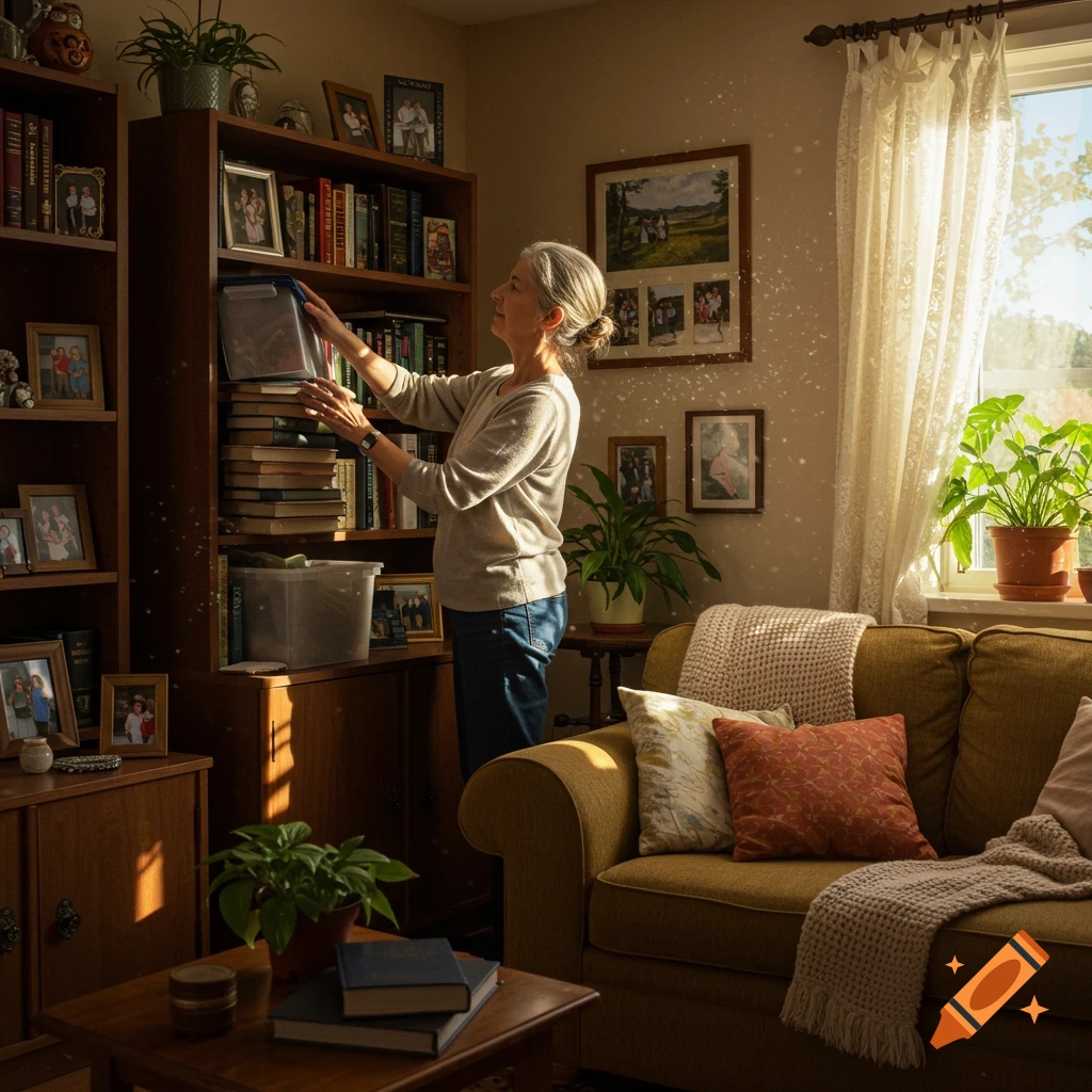A middle-aged woman with grey hair organizing books on a wooden bookshelf in a sunlit living room with a couch and plants.