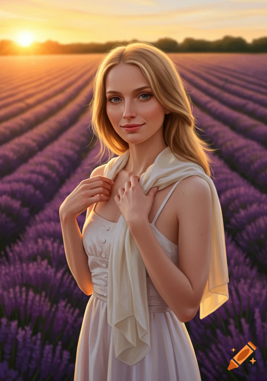 A young woman with blonde hair in a white dress stands in a lavender field at sunset.