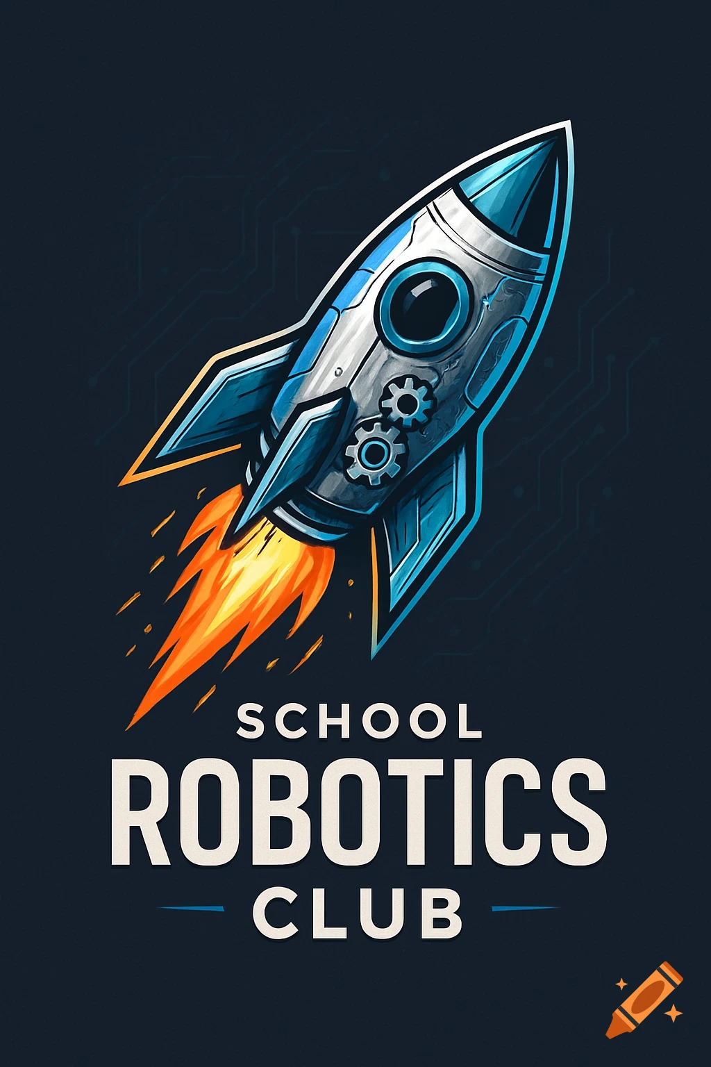 A stylized blue and silver rocketship with orange flames on a dark background with subtle circuit patterns, with text "SCHOOL ROBOTICS CLUB" below it.