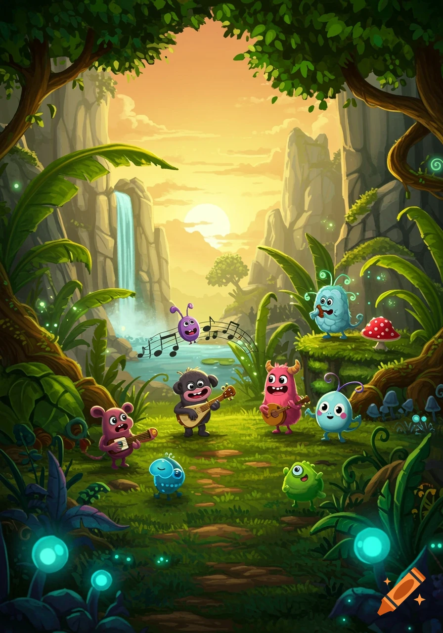 Colorful cartoon monsters play instruments in a vibrant jungle with a waterfall and sunset in an illustrative style.
