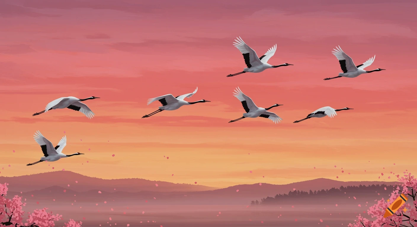Several Japanese cranes fly across a vibrant pink and orange sunset sky over misty mountains and cherry blossoms.