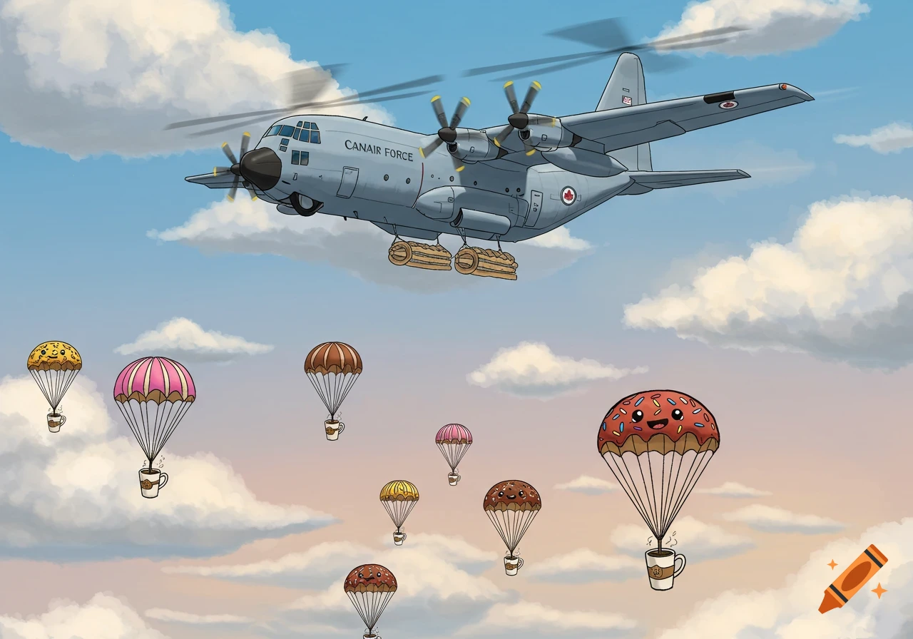 A cartoon Canadian Air Force C-130 airplane flies in a blue sky, air dropping donuts and coffee cups on colorful parachutes.
