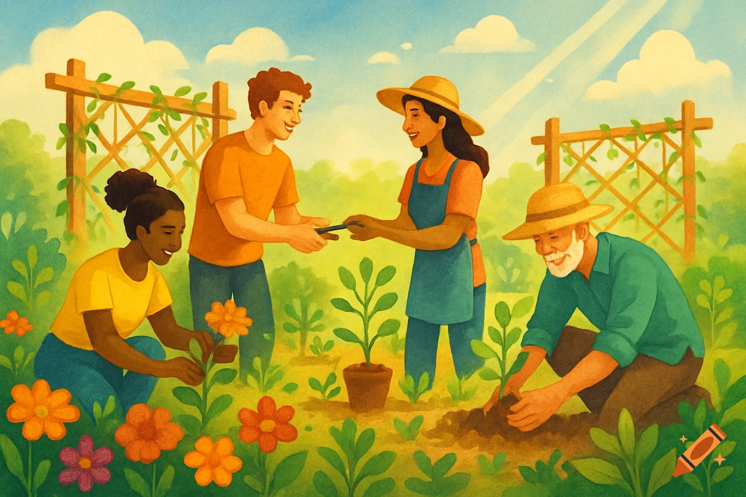 A stylized illustration of four diverse people gardening together in a sunny outdoor setting with flowers and trellises.
