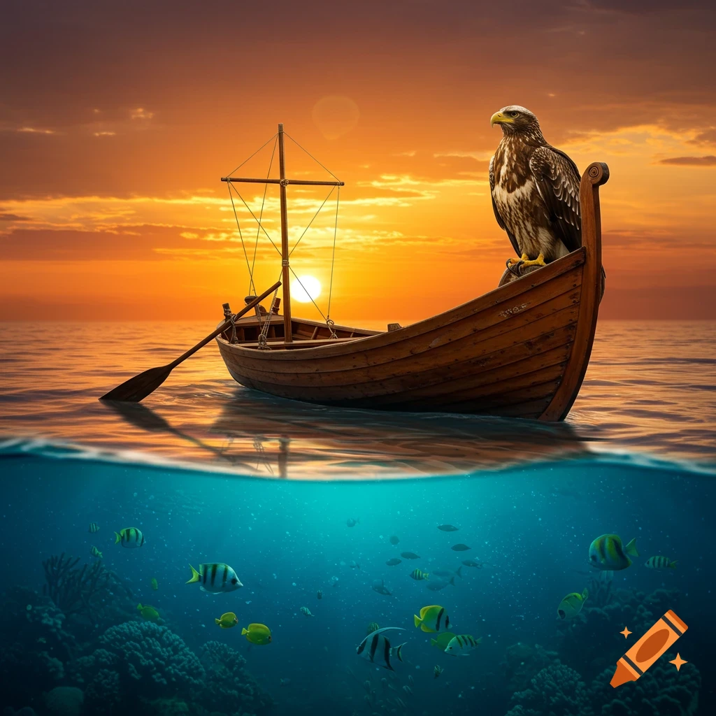 Photorealistic eagle on a wooden boat at sunset, half above and half below water, revealing colorful fish and coral.