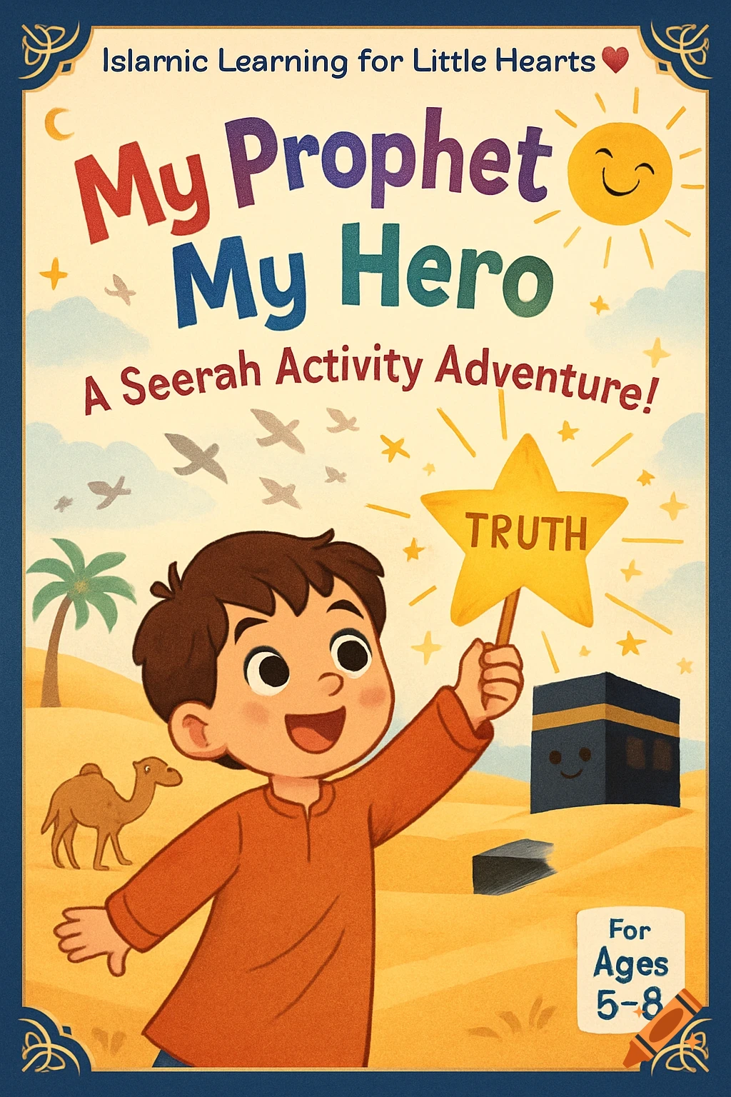 A cheerful cartoon boy in orange tunic holds up a yellow star labeled 'TRUTH' in a desert scene with a camel, palm tree, smiling sun, and smiling Kaaba. The image is a book cover titled 'My Prophet My Hero'.