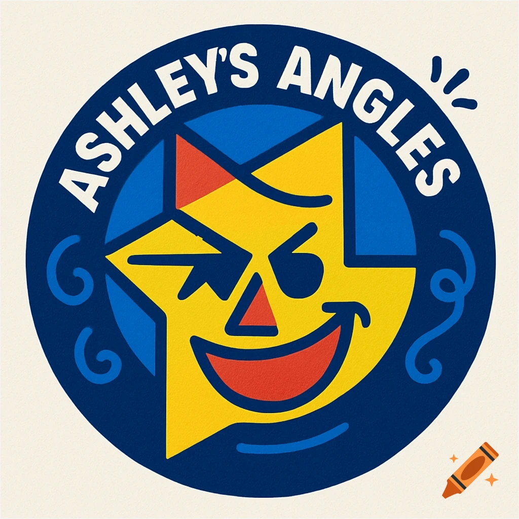 A circular logo featuring a winking yellow star with a wide smile on a dark blue background. The text 'ASHLEY'S ANGLES' is at the top.
