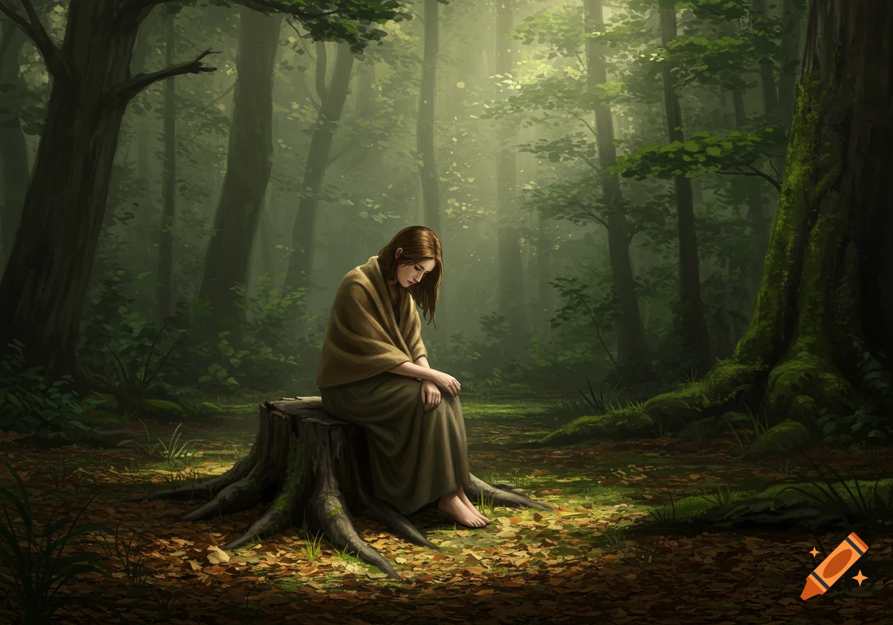A somber woman with long brown hair sits on a tree stump in a sunlit, misty forest.