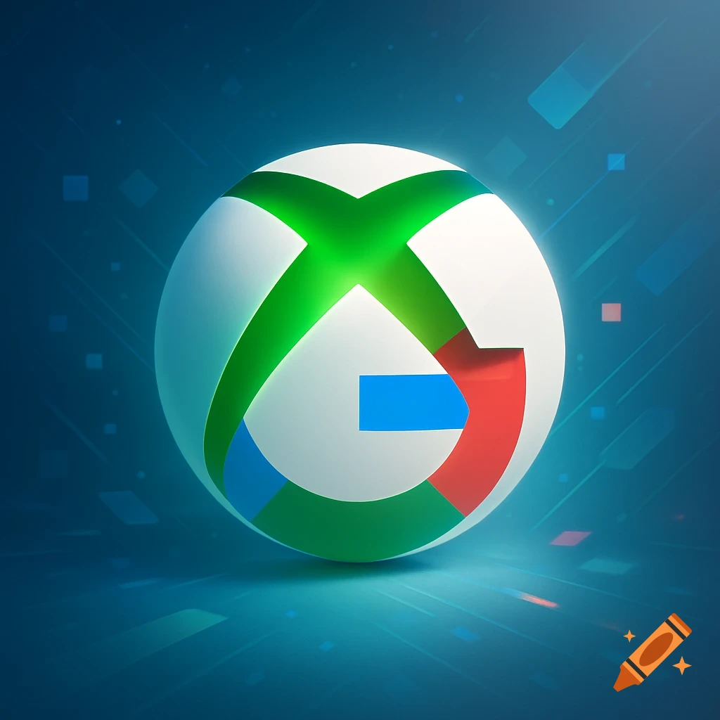 A white sphere combines the green Xbox logo and colorful shapes of the Google logo on a blue background.
