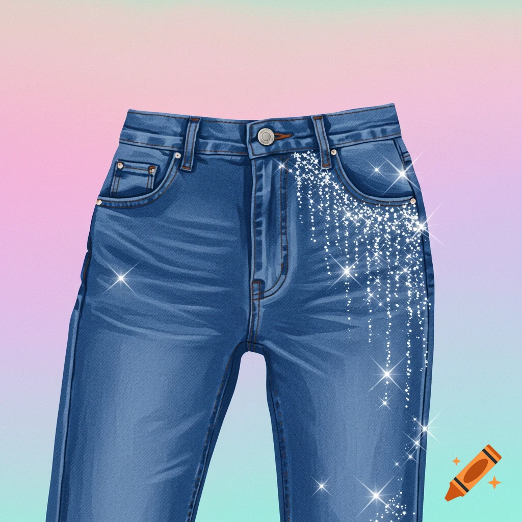 A pair of blue denim jeans with sparkling glitter embellishments on the right leg, set against a colorful gradient background.