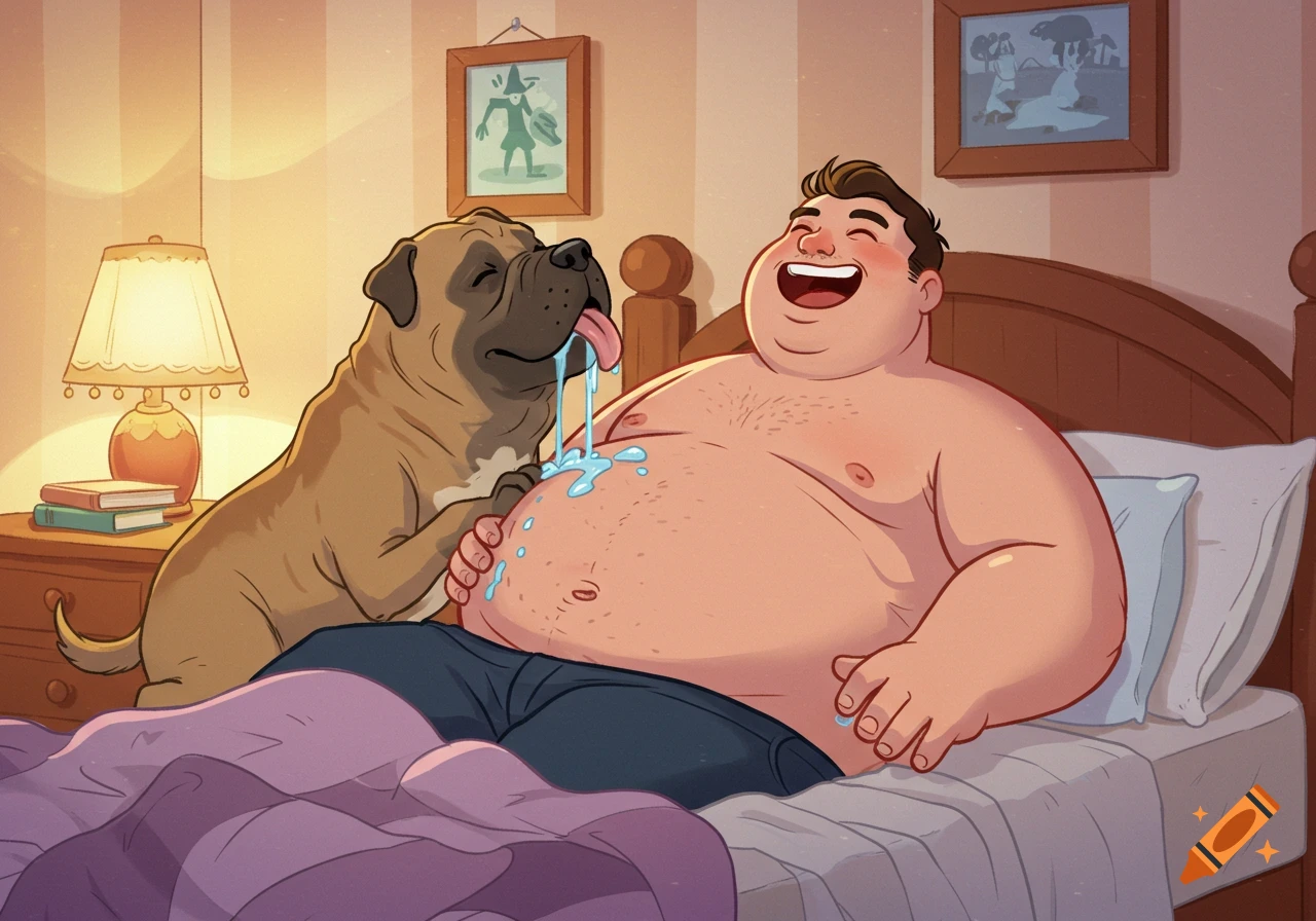 A chubby man laughing in bed as a Mastiff dog licks slobber on his stomach in a 2D cartoon style.