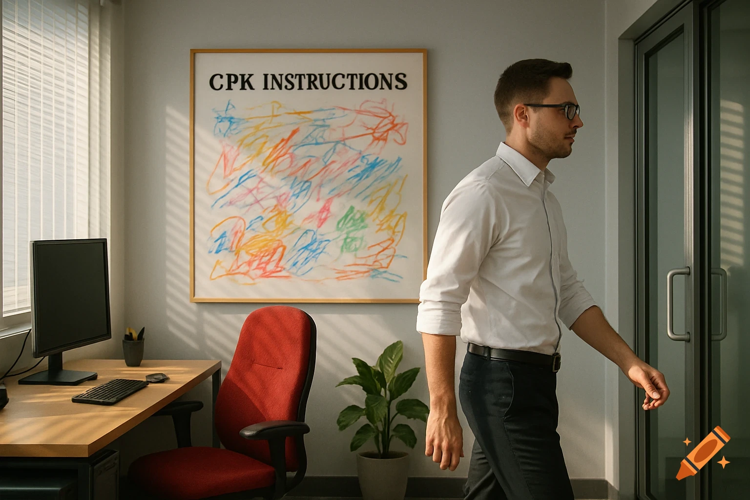 A man in a white shirt and dark pants walks through an office, past a desk with a computer and a framed poster on the wall labeled "CPK INSTRUCTIONS".