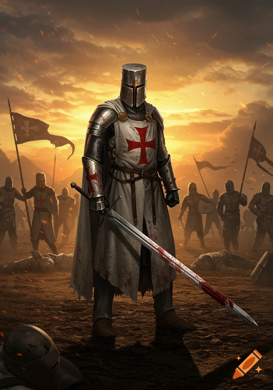 A powerful crusader knight in full armor stands on a bloodied battlefield at sunset, surrounded by other soldiers and fallen enemies. Photorealistic style.