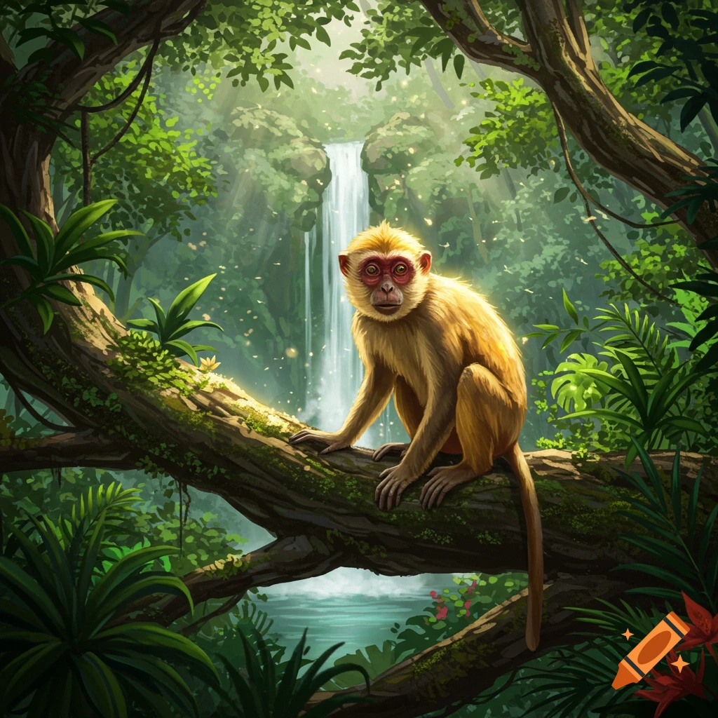 A yellow monkey with a red face sits on a mossy branch in a vibrant green jungle with a waterfall.