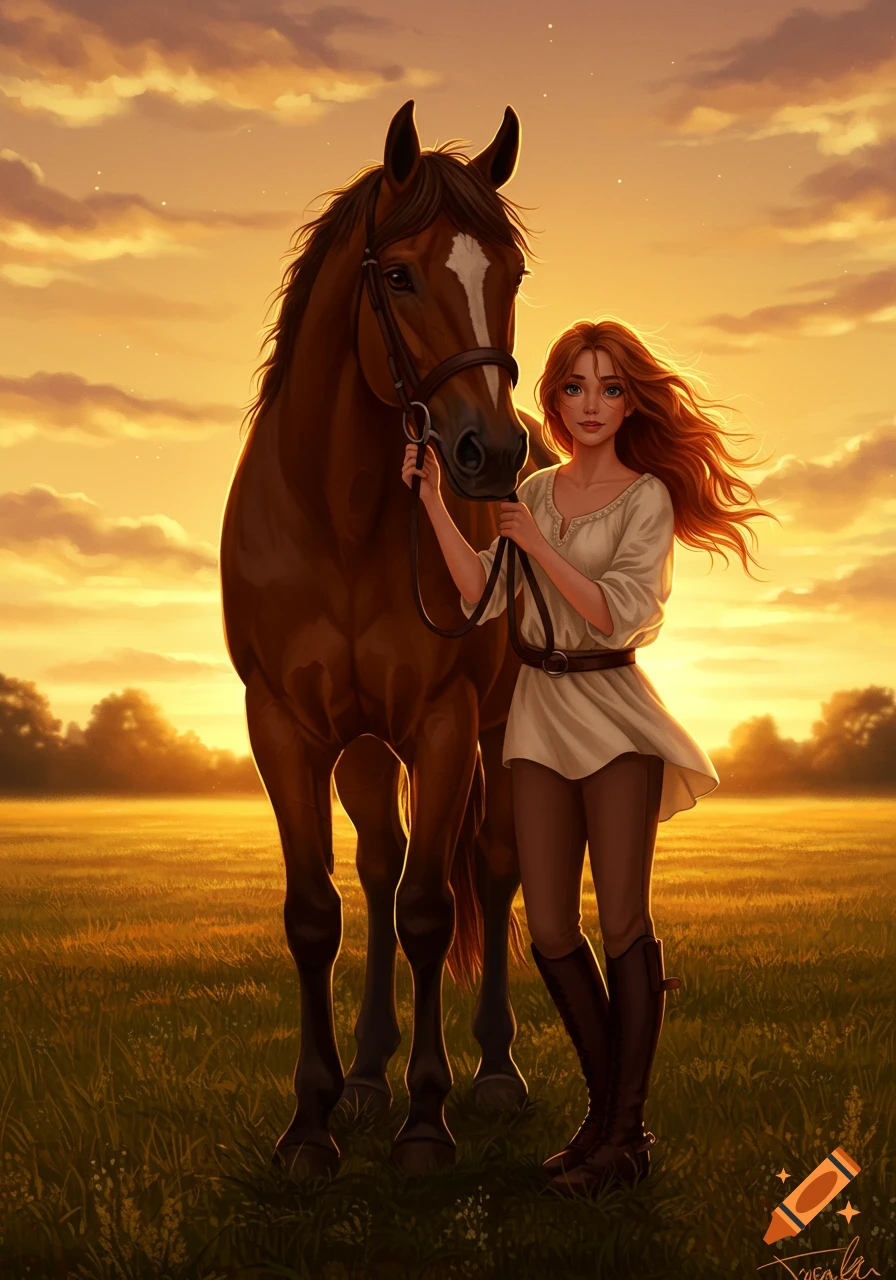 A young woman with long red hair stands beside a brown horse in a sunlit field at sunset, in a fantasy art style.
