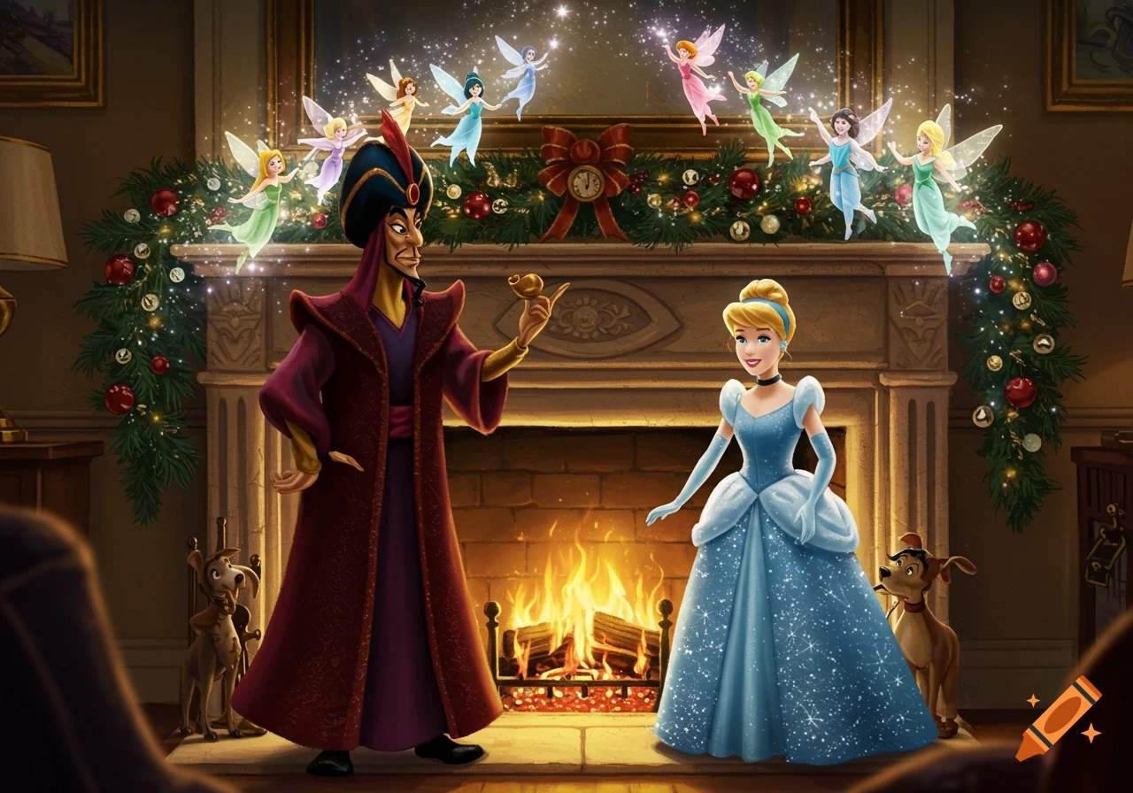 Cinderella and Jafar stand by a Christmas fireplace as magical fairies fly above. Animated style.
