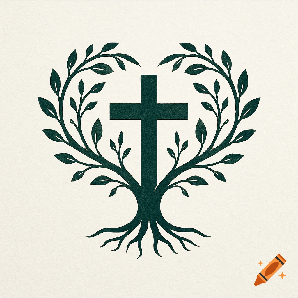 A dark green logo featuring a cross with tree branches and leaves forming a heart shape around it, with roots at the base, on a textured light background.