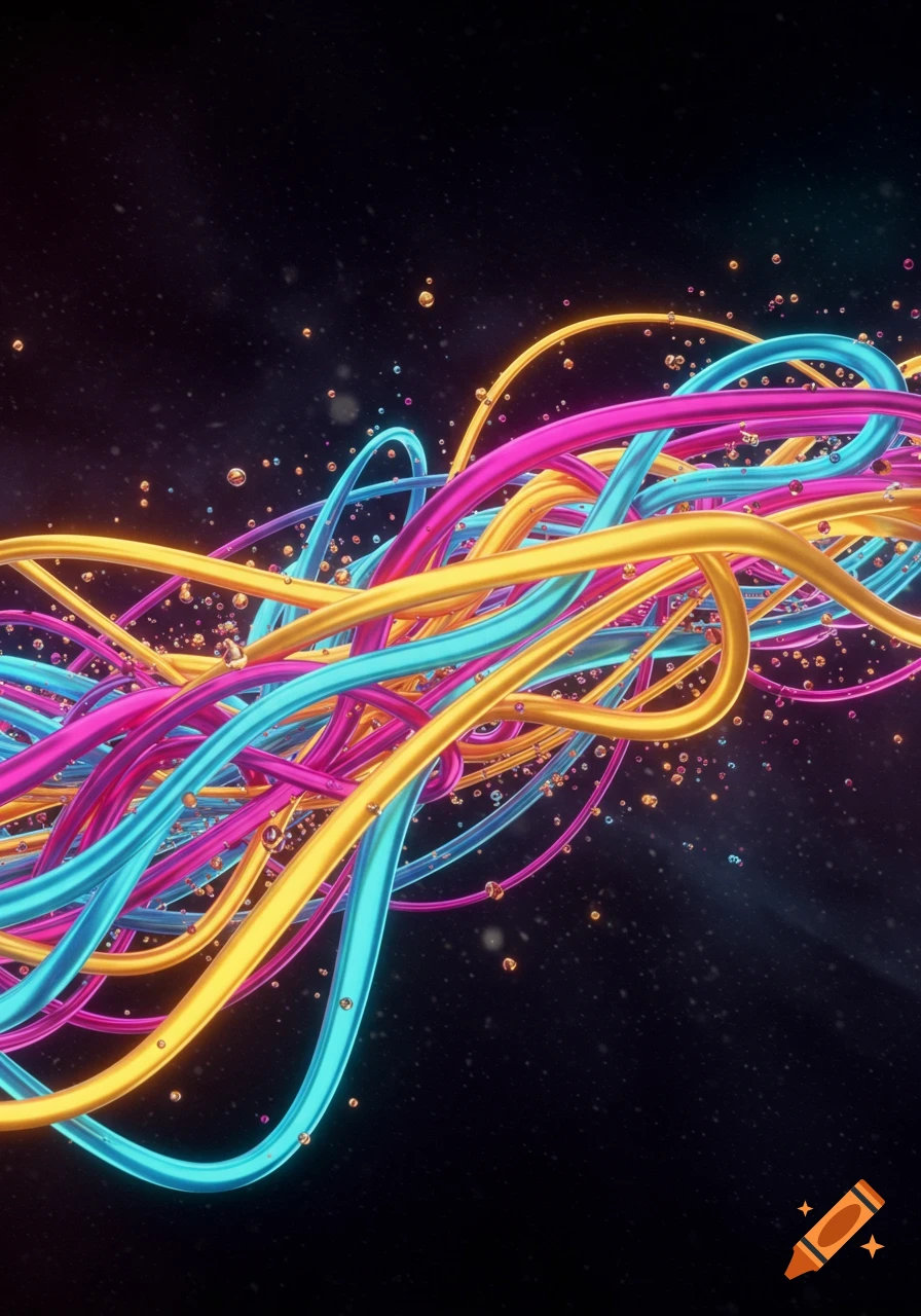 Intertwined abstract lines in vibrant pink, blue, and gold glow against a dark background, with scattered glowing bubbles.