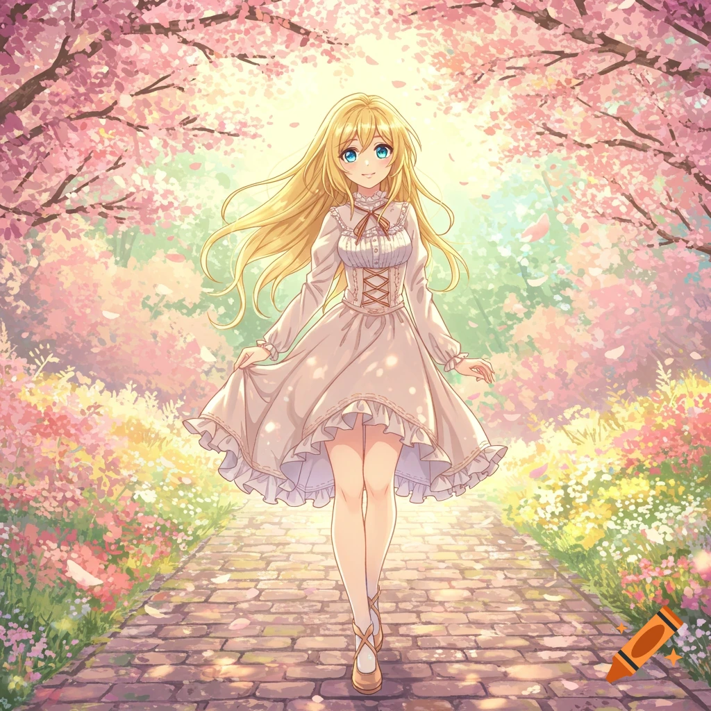 A blonde anime girl in a white dress walks on a stone path under pink cherry blossom trees, with bright light filtering through.