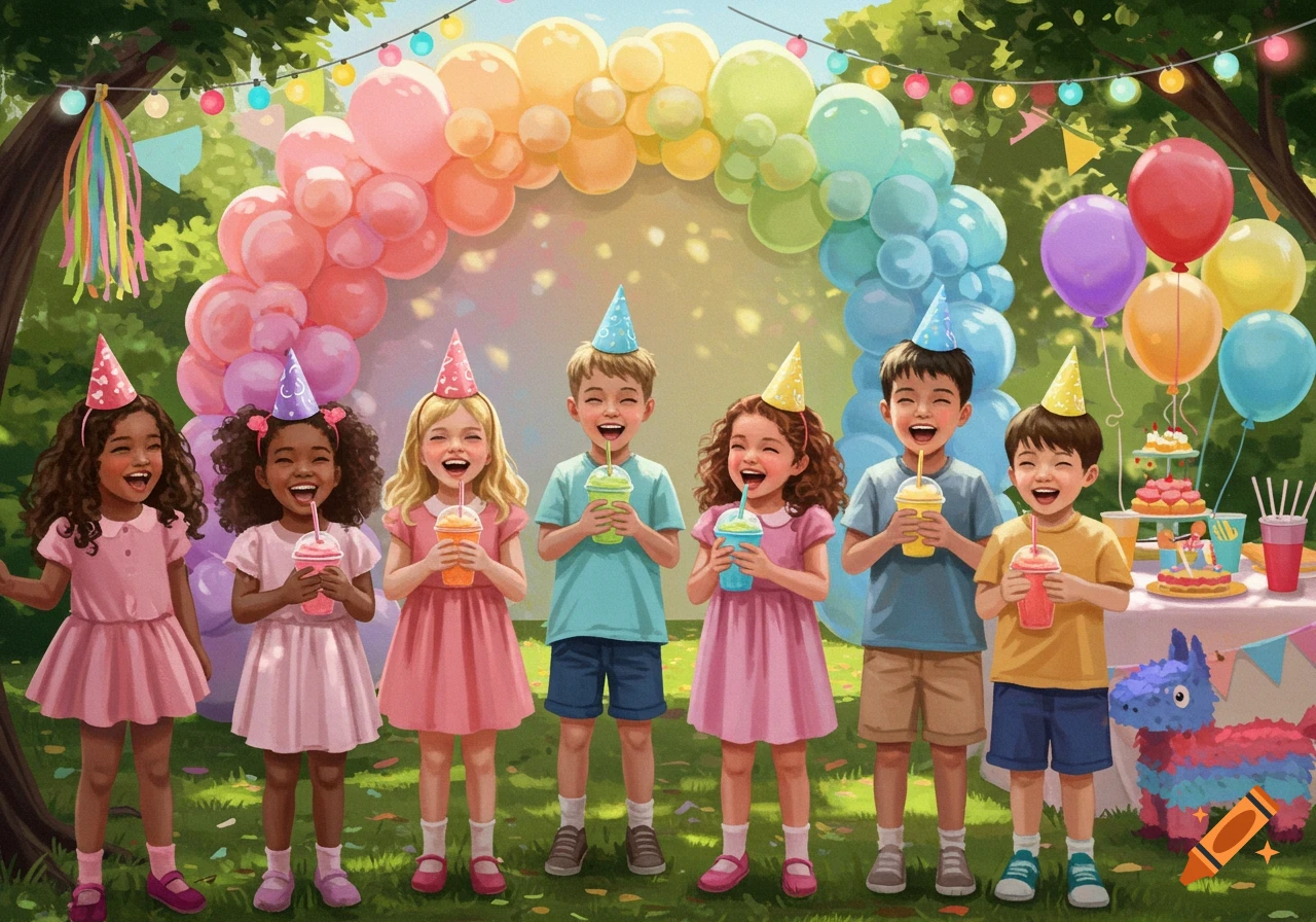 Six happy children with party hats drinking slushies at an outdoor birthday party with a colorful balloon arch.