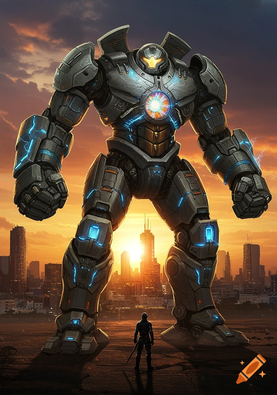 A colossal gray and blue armored mech stands over a tiny human figure in a futuristic city at sunset.