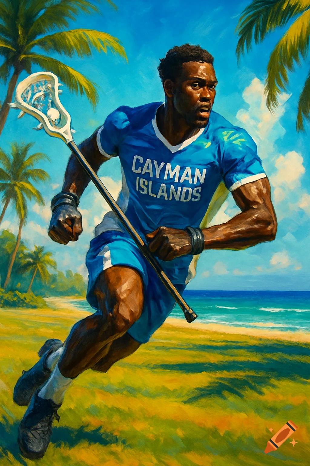 A painted image of a black male lacrosse player in a blue 'Cayman Islands' jersey, running on a tropical beach.