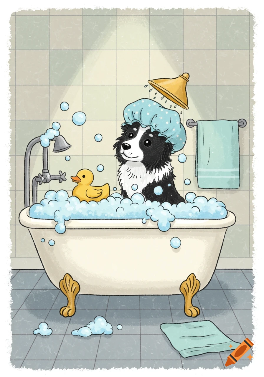 A cute, cartoon-style black and white Border Collie dog wearing a blue shower cap, sitting happily in a bathtub filled with bubbles and a yellow rubber duck.