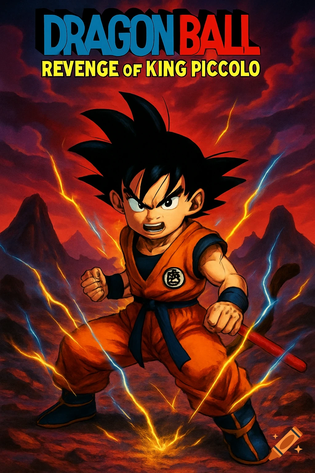 Young Goku from Dragon Ball in anime style, radiating energy in a powerful stance with lightning in a stormy, volcanic landscape. Title 'DRAGON BALL REVENGE OF KING PICCOLO'.