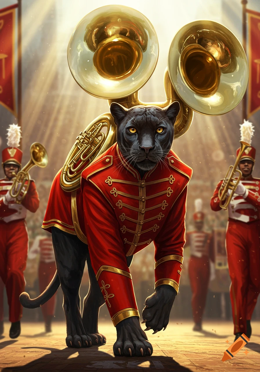 A black panther wearing a red marching band uniform with sousaphones on its back leads a marching band.