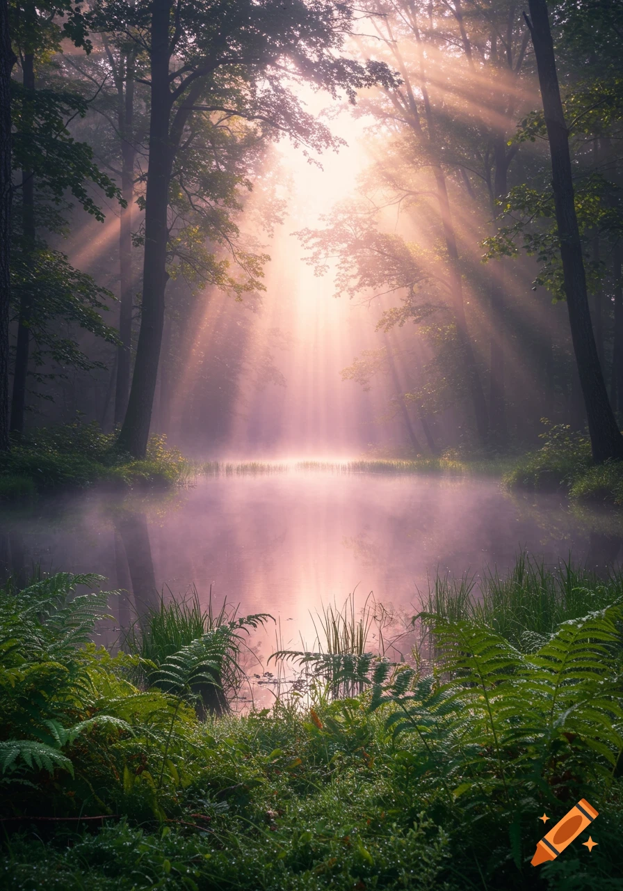 Photorealistic image of a misty forest with a pond, illuminated by glowing sun rays filtering through the trees.