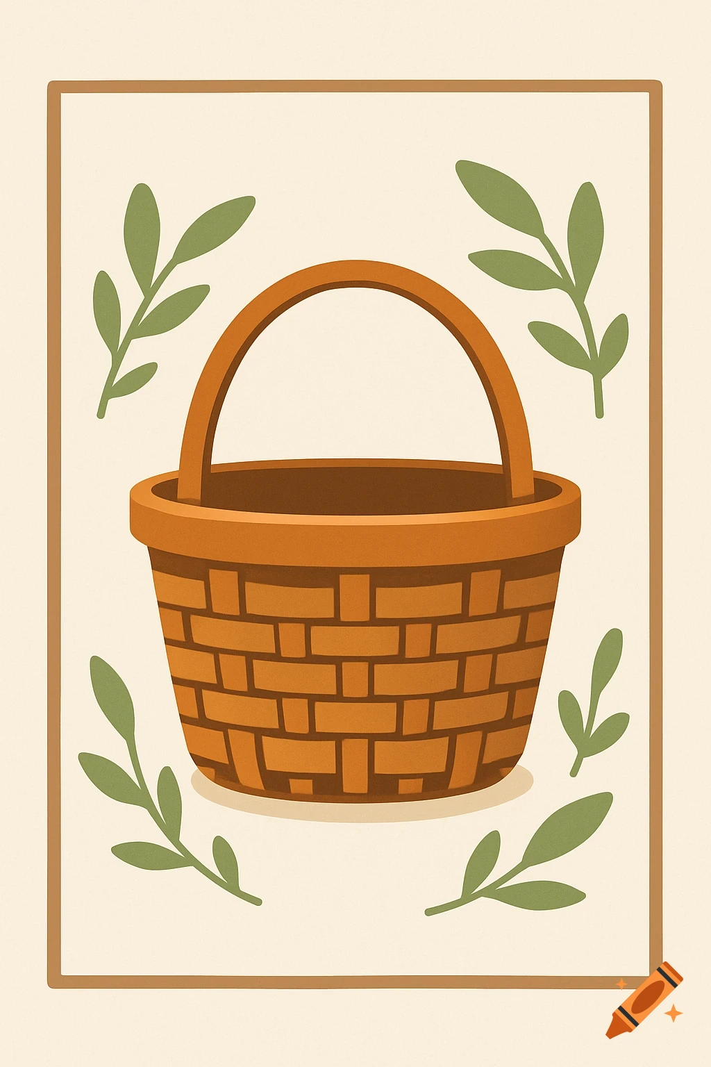 A stylized illustration of a brown wicker basket and green leaves on a light beige background.