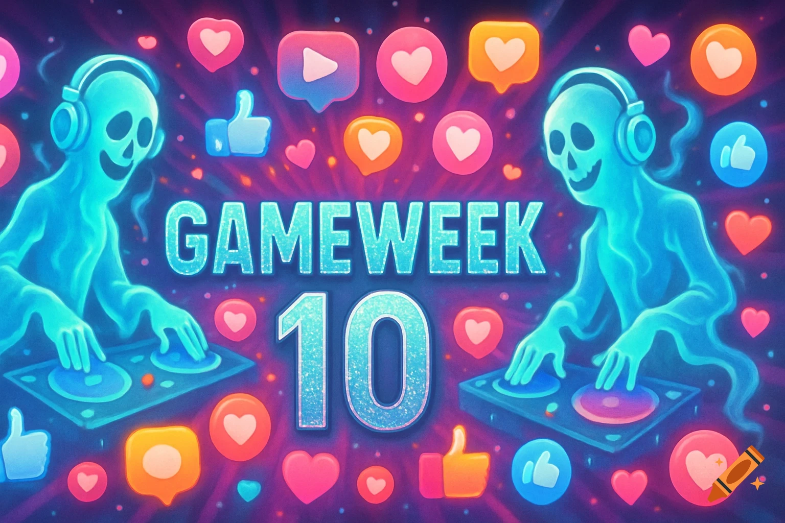 Two blue ghost DJs on either side of 'GAMEWEEK 10' text, surrounded by colorful social media icons on a vibrant background.