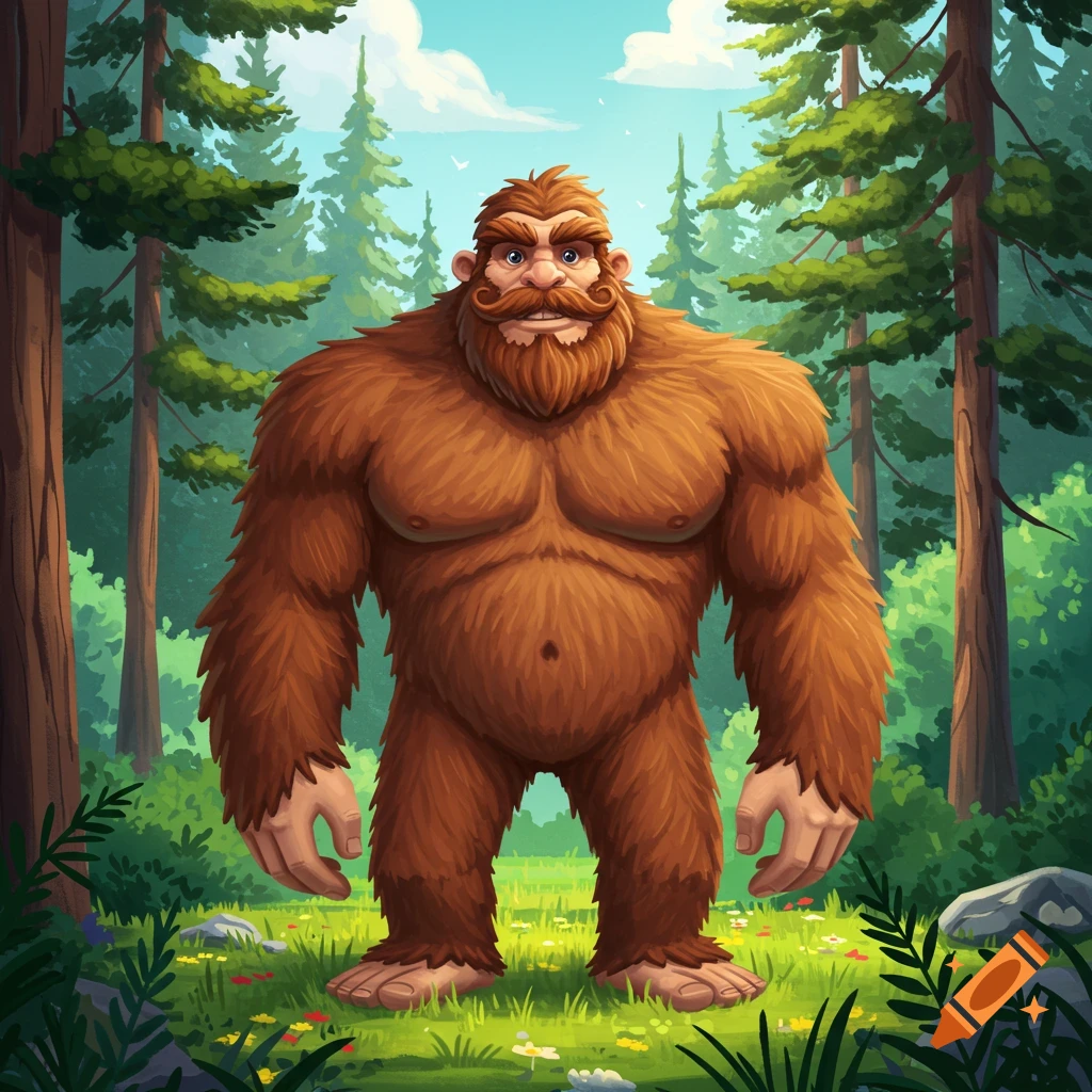 A large, muscular, brown cartoon sasquatch with a groomed beard and mustache standing in a lush green forest.