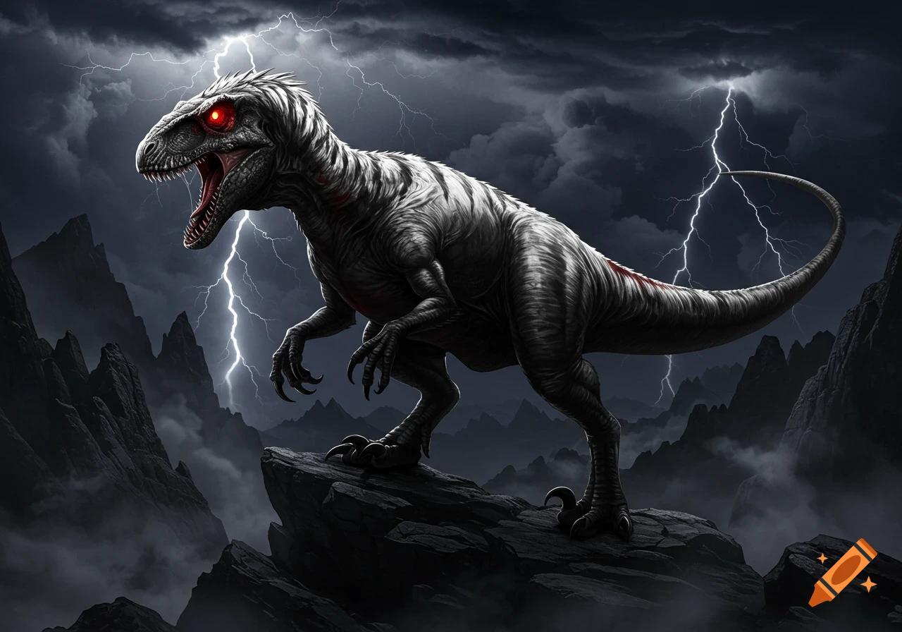 A black, white, and red raptor hybrid dinosaur with glowing red eyes stands on a rocky cliff under a stormy sky with lightning.