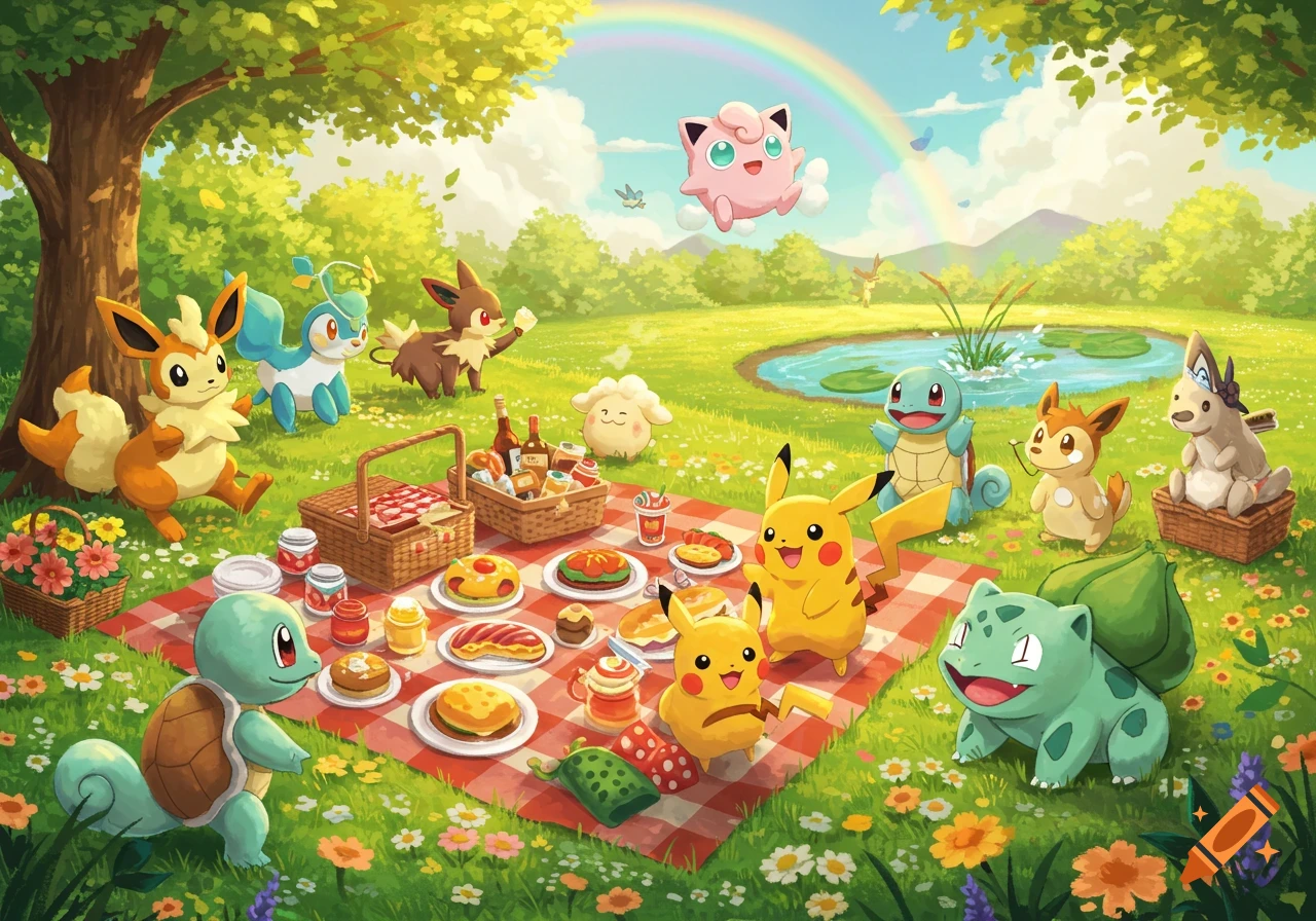 Pokemon characters, including Pikachu, Squirtle, and Bulbasaur, enjoy a vibrant picnic in a sunny, green park with a rainbow.